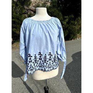 Time and Tru Shirt Large 12-14 Blue Embroidered Floral Ribbon Sleeve Boho Womens